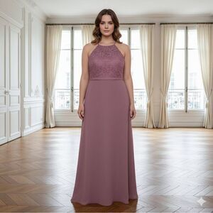 David's Bridal Mauve Lace Halter Maxi Dress - Size 24 Plus - A-Line Gown
